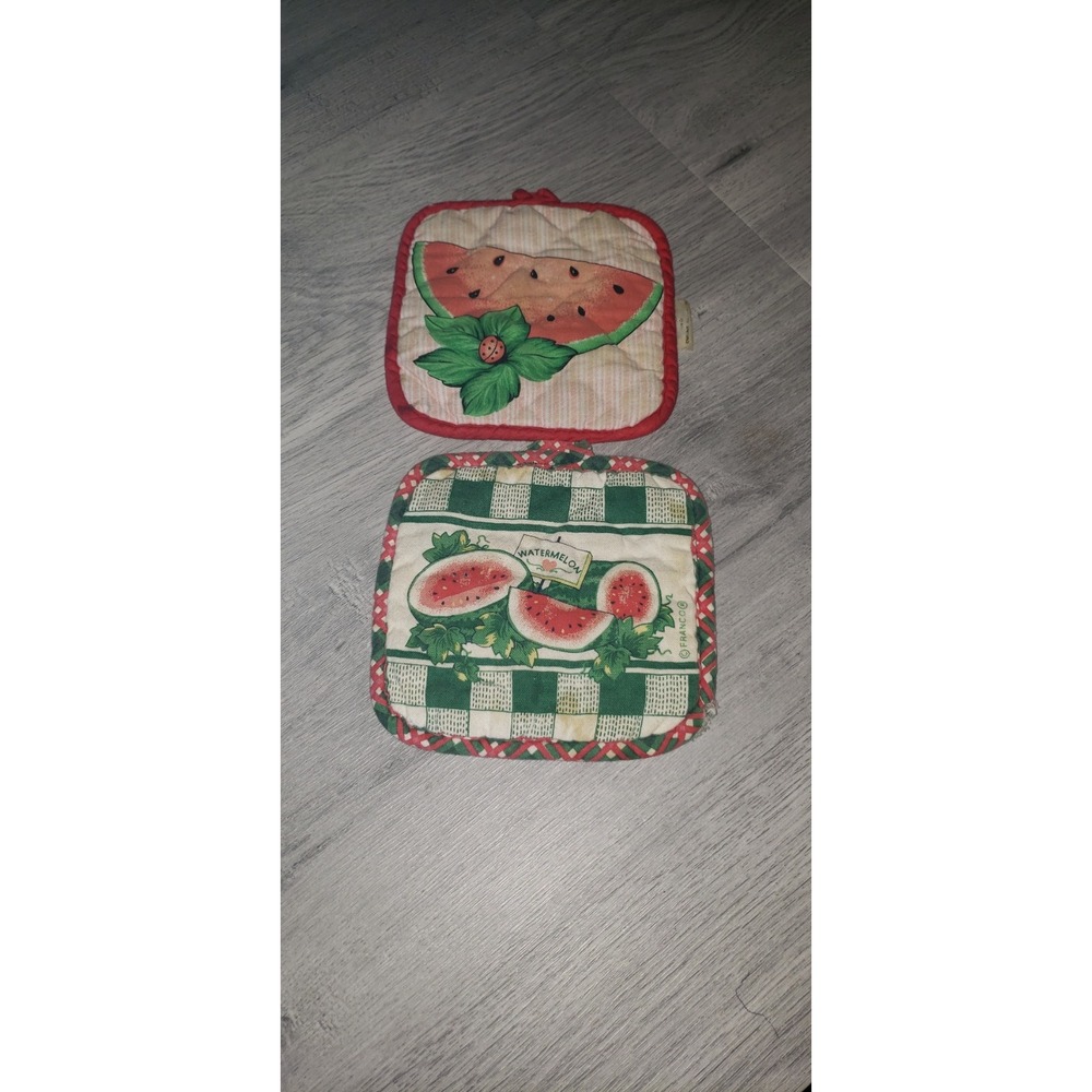 Vintage Franco Watermelon Pot Holder Set Quilted Kitchen Linens Retro Fruit 2pc
